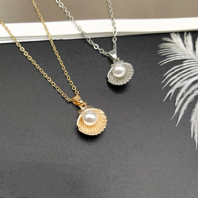 Trendy Summer Shell Imitation Pearl Pendant Necklace for Women