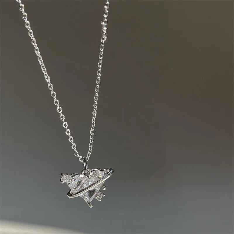 Y2K Pink Planet Heart Zircon Pendant Necklace - Image 11