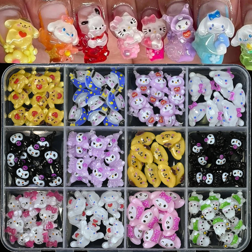 Hello Kitty Nail Charms – 12 Grids Hawaii Black Skin Summer Vibe - Image 28