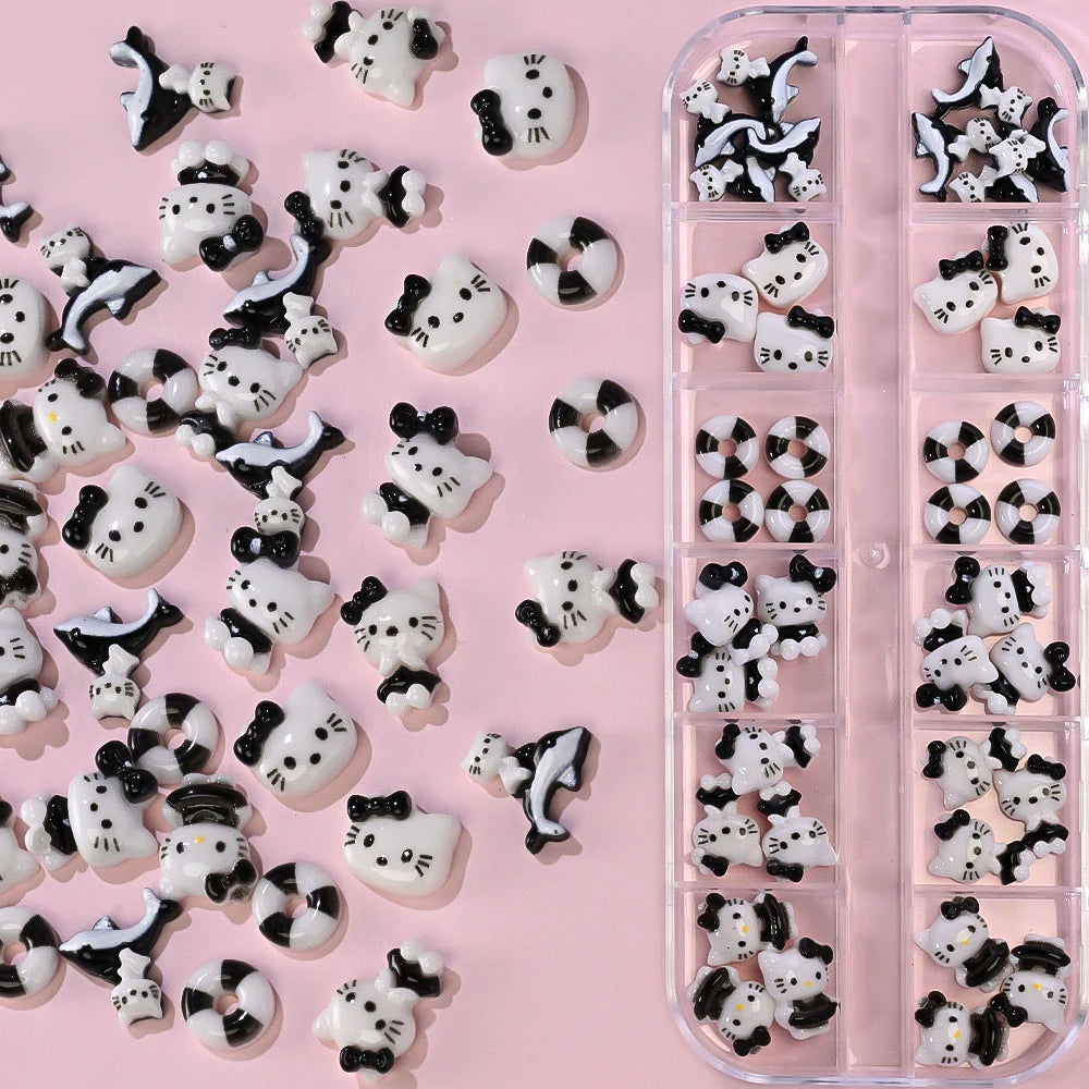 Hello Kitty Nail Charms – 12 Grids Hawaii Black Skin Summer Vibe - Image 48