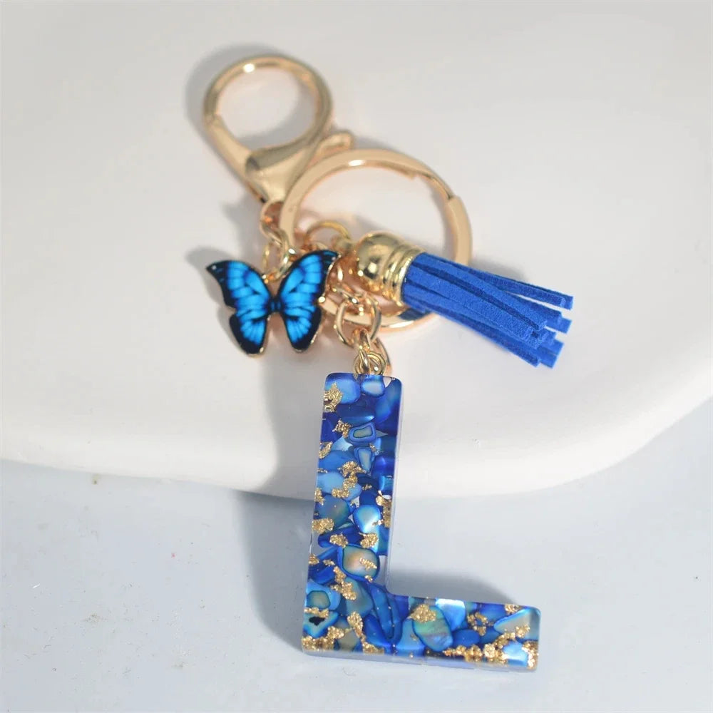Blue Glazed A-Z Initial Keychain with Butterfly Tassel Pendant – Fashion Gift - Image 3