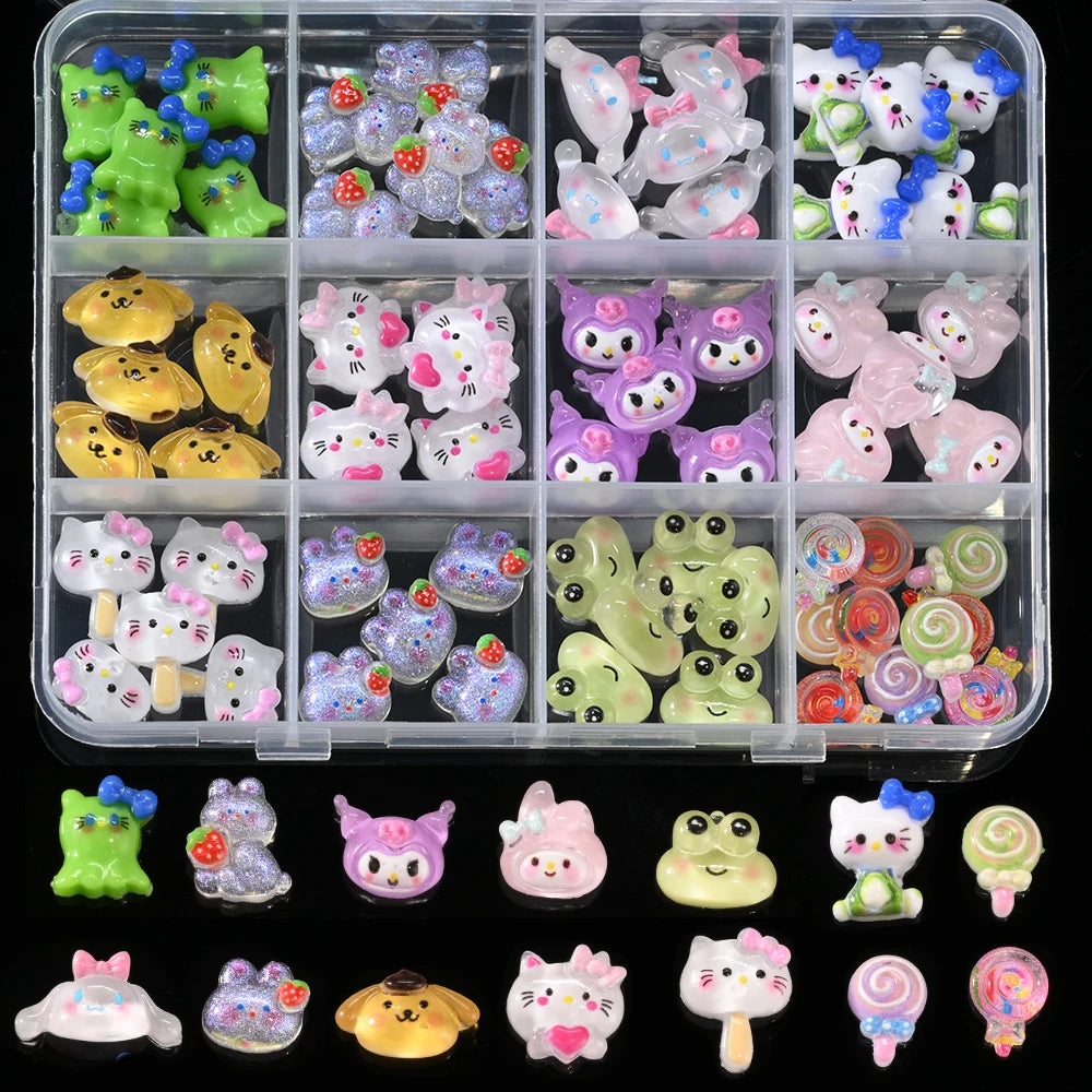 Hello Kitty Nail Charms – 12 Grids Hawaii Black Skin Summer Vibe - Image 38