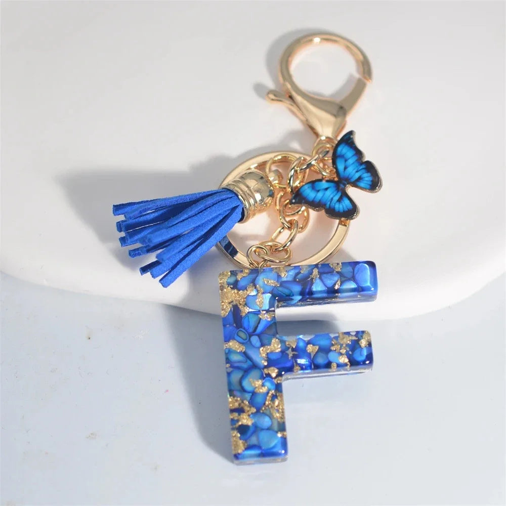 Blue Glazed A-Z Initial Keychain with Butterfly Tassel Pendant – Fashion Gift - Image 22