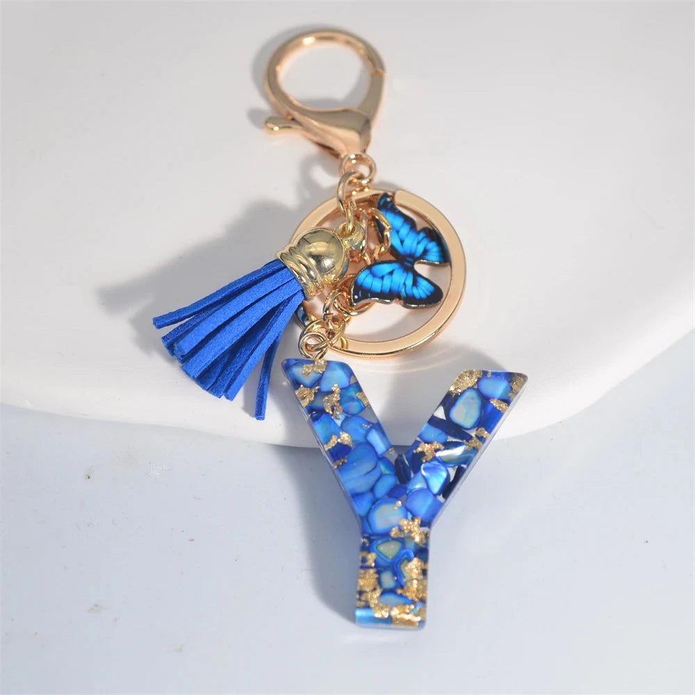 Blue Glazed A-Z Initial Keychain with Butterfly Tassel Pendant – Fashion Gift - Image 12