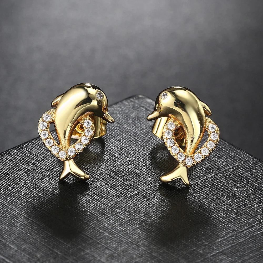 Adorable Dolphin Stud Earrings – Kawaii Gold Heart Jewelry - Image 3