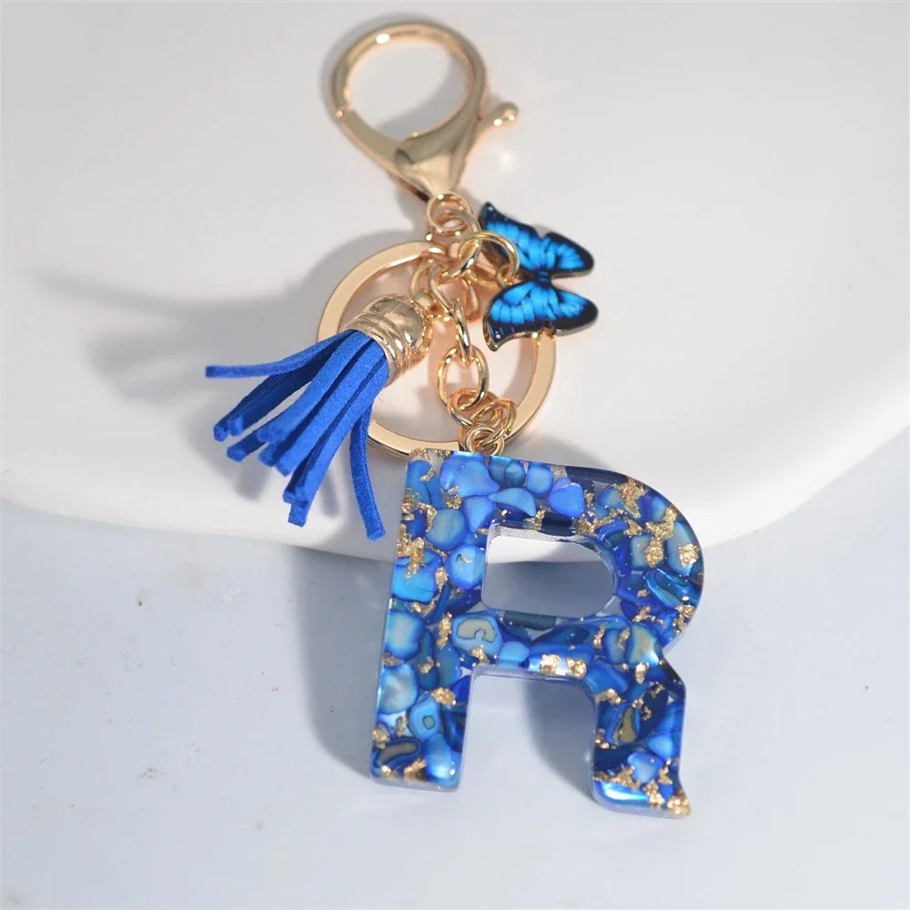 Blue Glazed A-Z Initial Keychain with Butterfly Tassel Pendant – Fashion Gift - Image 11