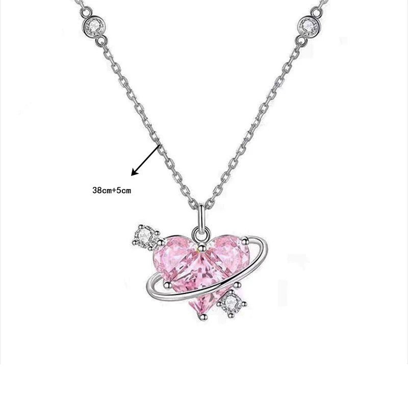 Y2K Pink Planet Heart Zircon Pendant Necklace - Image 6