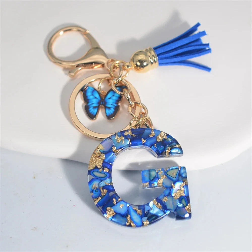 Blue Glazed A-Z Initial Keychain with Butterfly Tassel Pendant – Fashion Gift - Image 23