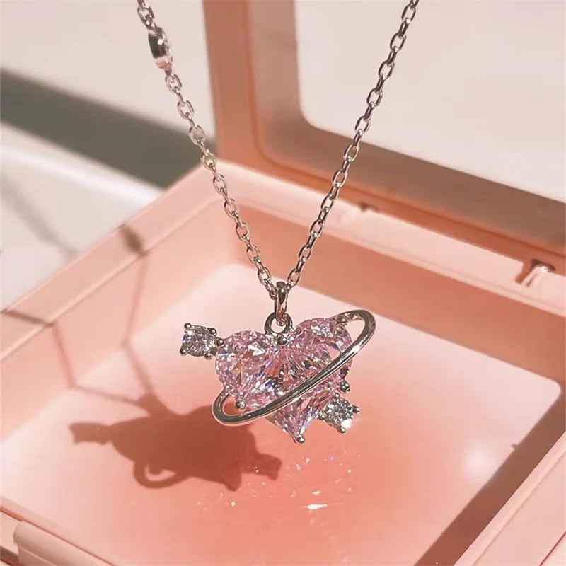Y2K Pink Planet Heart Zircon Pendant Necklace